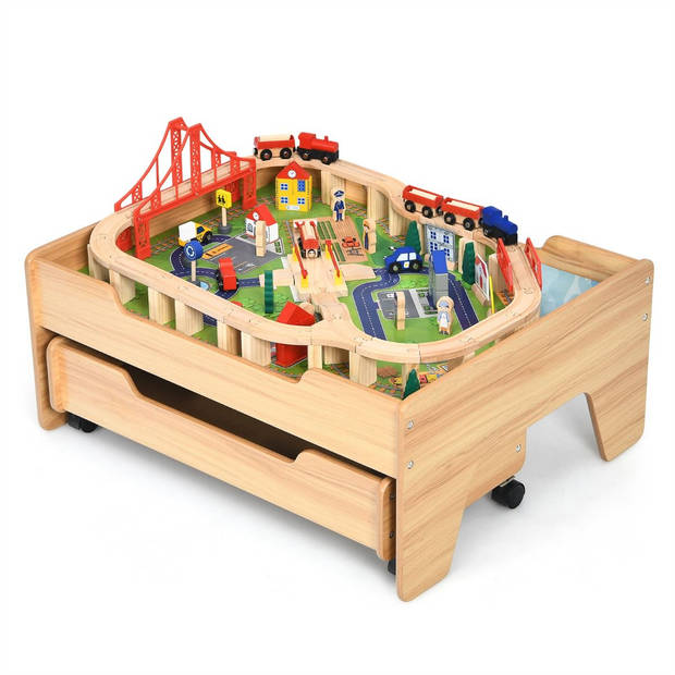 Costway 2-in-1 Houten Montessori Treinset En Speeltafel Met Lade 78 x 63 x 33 Cm - 100 Delige Speelset - STEM Speelgoed