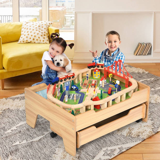 Costway 2-in-1 Houten Montessori Treinset En Speeltafel Met Lade 78 x 63 x 33 Cm - 100 Delige Speelset - STEM Speelgoed