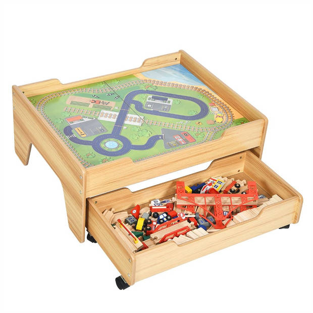 Costway 2-in-1 Houten Montessori Treinset En Speeltafel Met Lade 78 x 63 x 33 Cm - 100 Delige Speelset - STEM Speelgoed