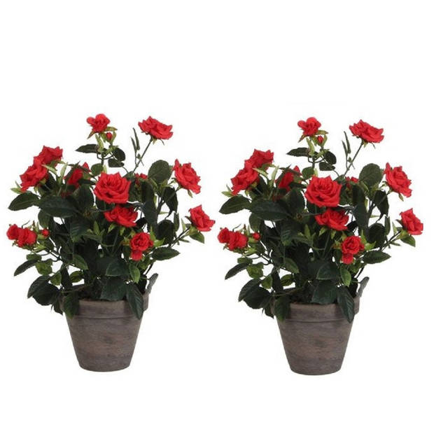 2x Rode rozen kunstplanten 33 cm met pot stan grey - Kunstplanten