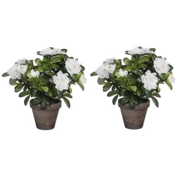 2x groene Azalea kunstplanten met witte bloemen 27 cm met pot stan grey - Kunstplanten