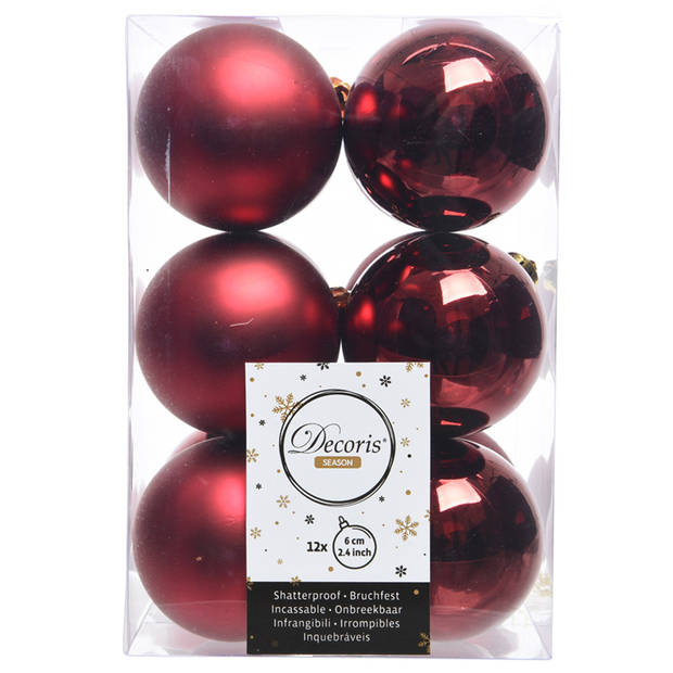 12x Kunststof kerstballen glanzend/mat donkerrood 6 cm kerstboom versiering/decoratie - Kerstbal