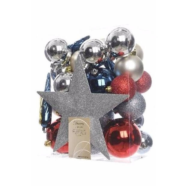 Decoris kerstballen - 34-dlg - zilver/rood/blauw - kunststof - Kerstbal