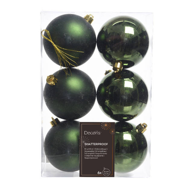 6x Kunststof kerstballen glanzend/mat donkergroen 8 cm kerstboom versiering/decoratie - Kerstbal