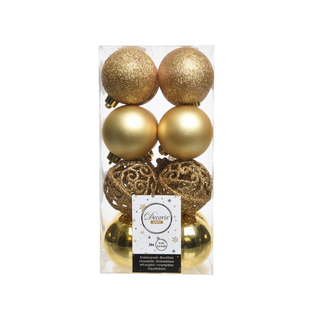 16x Kunststof kerstballen mix goud 6 cm kerstboom versiering/decoratie - Kerstbal