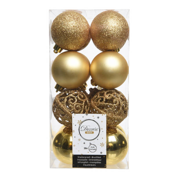 16x Kunststof kerstballen mix goud 6 cm kerstboom versiering/decoratie - Kerstbal