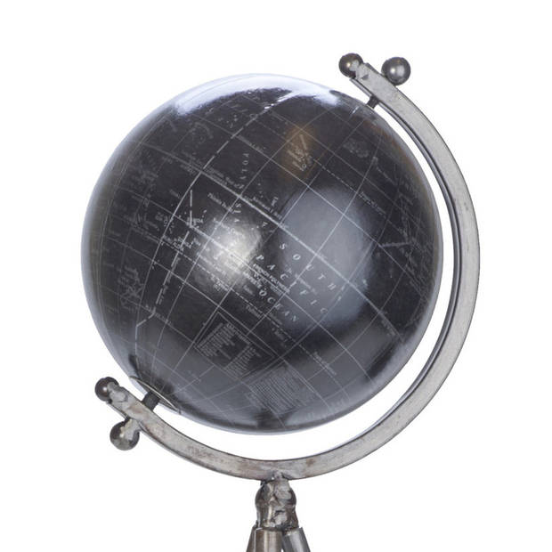 Decoratie wereldbol/globe zwart op metalen voet 26 x 60 cm - Wereldbollen