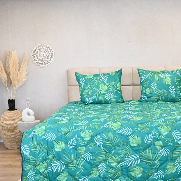 HappyBed Green leaves 140x220 - Zomerdekbed zonder overtrek - wasbaar hoesloos dekbed - bedrukt dekbed voor fris en