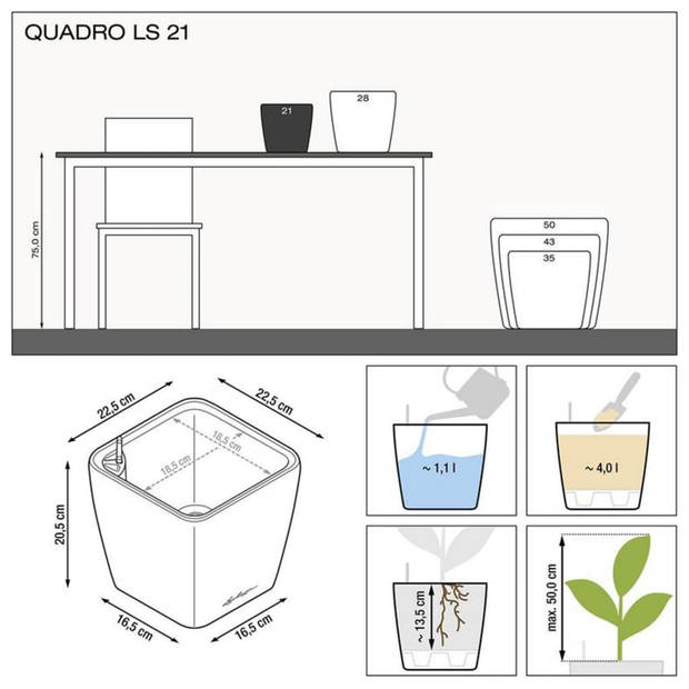 LECHUZA Tafelplantenbak QUADRO LS 21 ALL-IN-ONE houtskool metallic