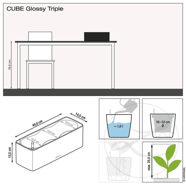 LECHUZA Plantenbak CUBE Glossy Triple ALL-IN-ONE hoogglans wit