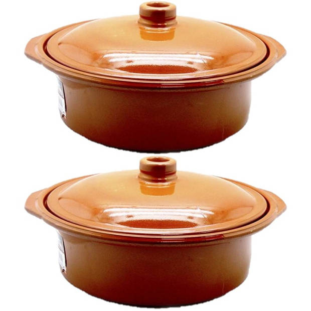 Set van 2x stuks tapas terracotta ovenschalen/stoofpotten cocotte met deksel 30 cm - Braadpannen