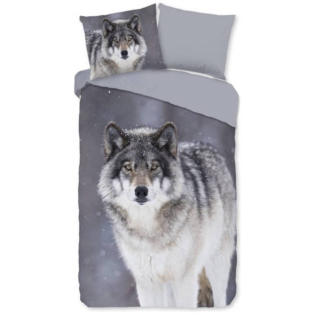 Good Morning Wolfie Flanel Dekbedovertrek Grijs-1-persoons (140 x 200/220 cm)