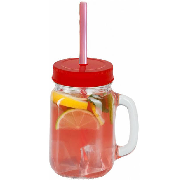 Drinkglas Met Rietje En Deksel - Pul - Mason Jar– 400 ml – 6 Stuks