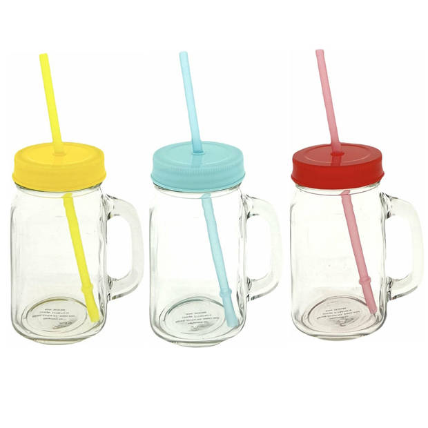 Drinkglas Met Rietje En Deksel - Pul - Mason Jar– 400 ml – 6 Stuks