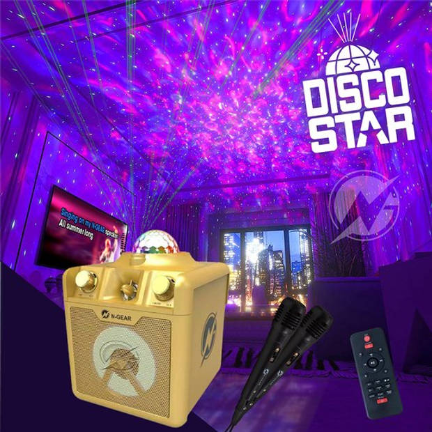 N-GEAR Disco Star 710 Gold - Bluetooth Speaker - Karaokeset - Partybox met Sterrenprojector & 2 Microfoons