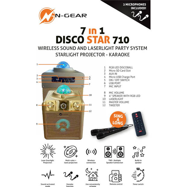 N-GEAR Disco Star 710 Gold - Bluetooth Speaker - Karaokeset - Partybox met Sterrenprojector & 2 Microfoons