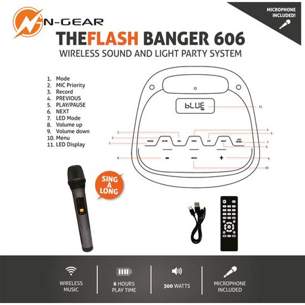 N-GEAR Flash Banger 606 - Karaokeset - Bluetooth Speaker - Partybox met Draadloze Microfoon - Zwart