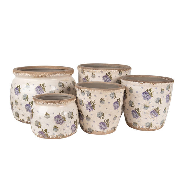 HAES DECO - Bloempot Ø 16x16 cm Beige Blauw Keramiek Bloemen Bloempot Binnen