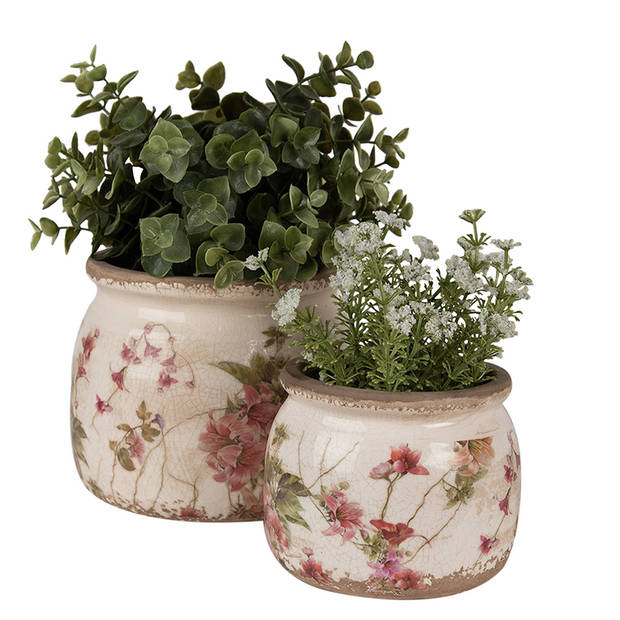 HAES DECO - Set van 3 Bloempotten Ø 16x13, Ø 13x11 en Ø 9x8 cm Beige Roze Keramiek Bloemen Bloempot Binnen