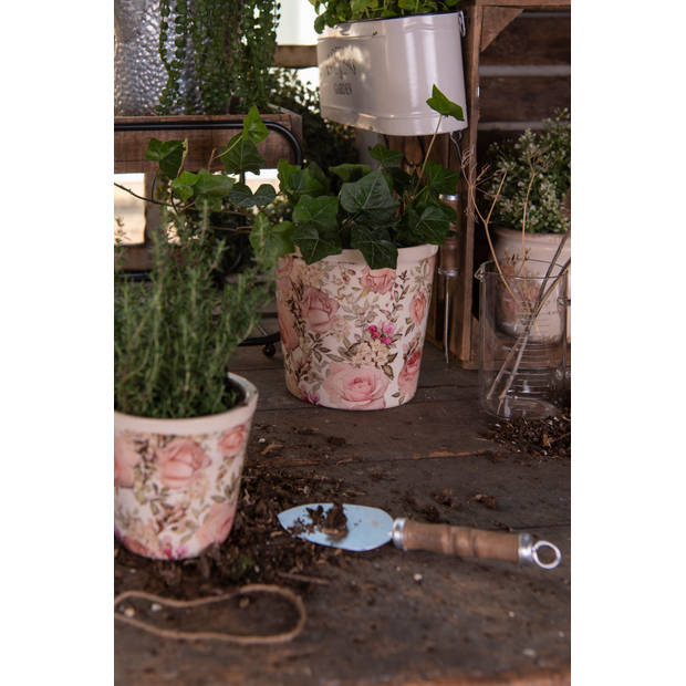 HAES DECO - Bloempot Ø 15x14 cm Wit Roze Keramiek Rond Bloemen Bloempot binnen Plantenpot Plant pot