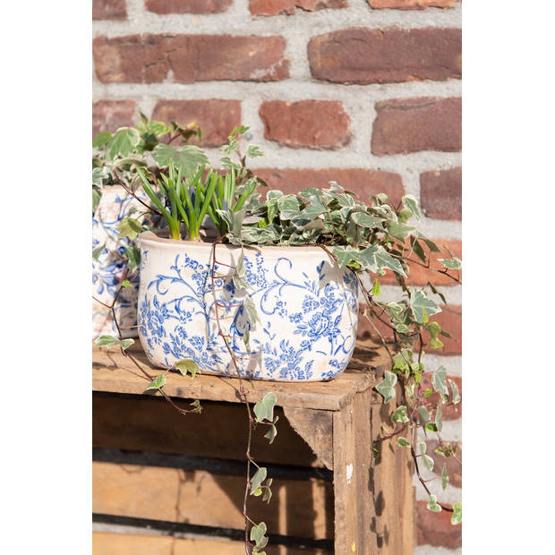 HAES DECO - Bloempot Binnen Ø 21*8 cm Blauw, Wit Keramiek Rond Bloemen Plantenpot