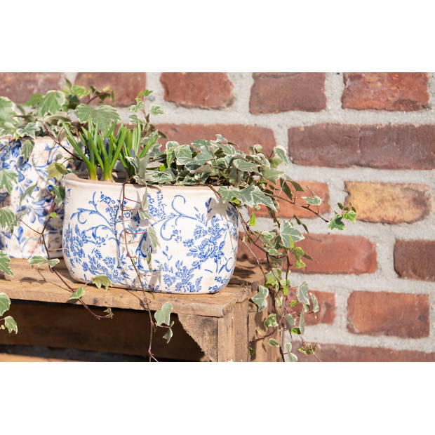 HAES DECO - Bloempot Binnen Ø 21*8 cm Blauw, Wit Keramiek Rond Bloemen Plantenpot