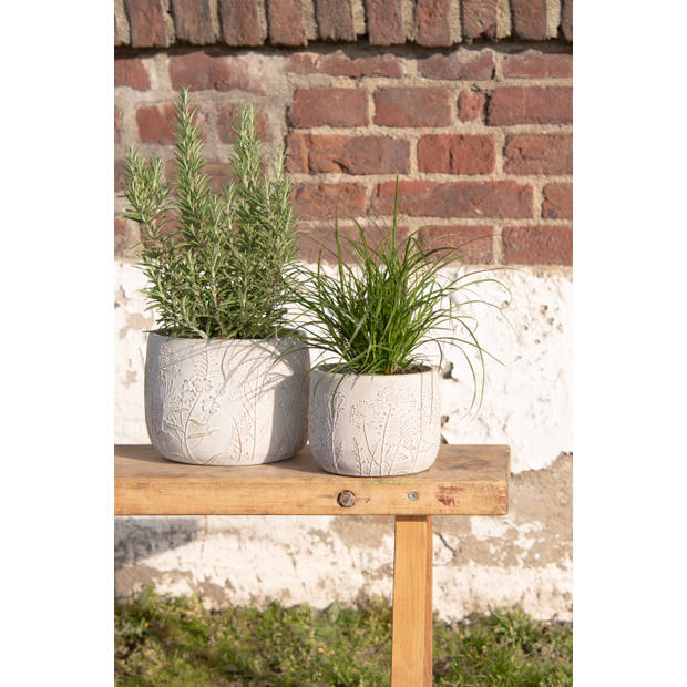 HAES DECO - Bloempot Ø 14x11 cm Beige Steen Rond Plantenpot Decoratie Pot