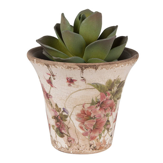 HAES DECO - Bloempot Ø 13x11 cm Beige Roze Keramiek Bloemen Bloempot Binnen