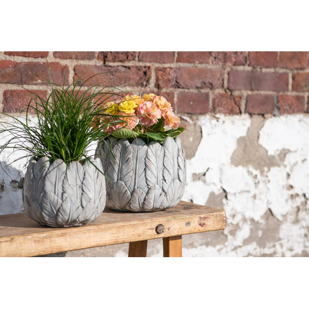 HAES DECO - Bloempot Ø 15x13 cm Grijs Steen Rond Veren Bloempot binnen Plantenpot Plant pot