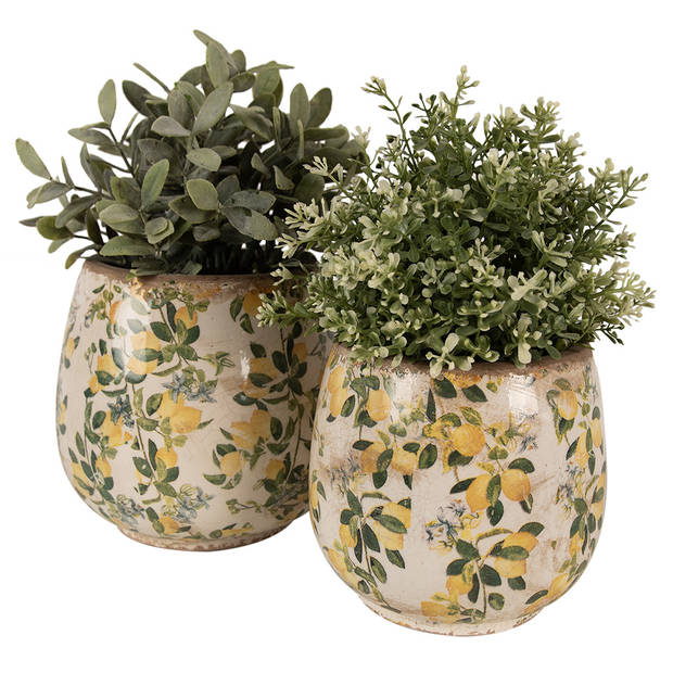 HAES DECO - Bloempot Ø 15x15 cm Beige Geel Keramiek Citroenen Bloempot Binnen