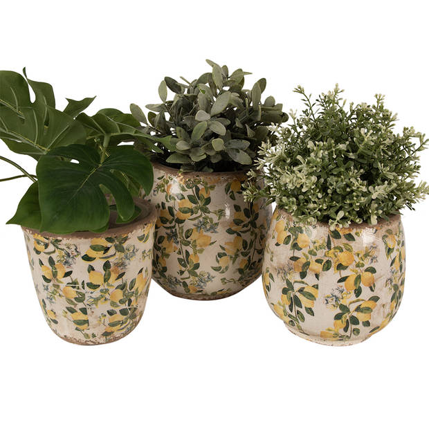 HAES DECO - Bloempot Ø 15x15 cm Beige Geel Keramiek Citroenen Bloempot Binnen