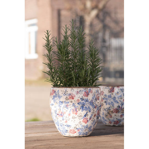 HAES DECO - Bloempot Ø 18x17 cm Blauw Beige Keramiek Rond Bloemen Bloempot binnen Plantenpot Plant pot