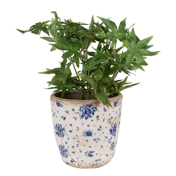 HAES DECO - Bloempot Ø 16x16 cm Beige Blauw Keramiek Roosjes Bloempot Binnen