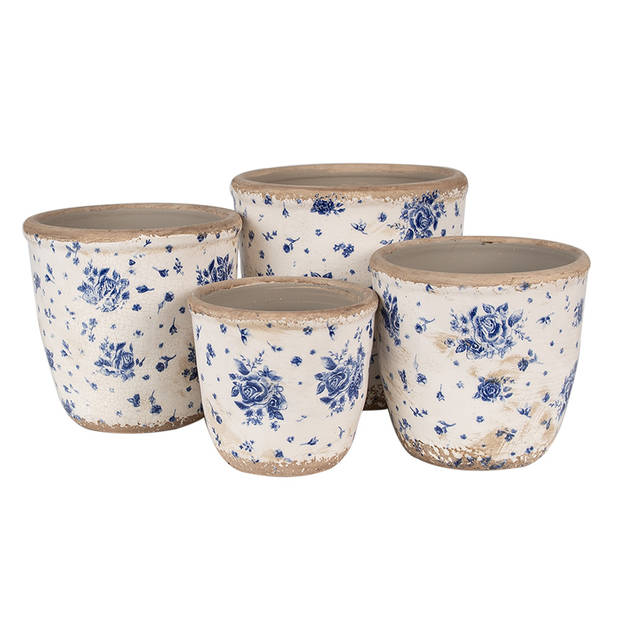 HAES DECO - Bloempot Ø 16x16 cm Beige Blauw Keramiek Roosjes Bloempot Binnen