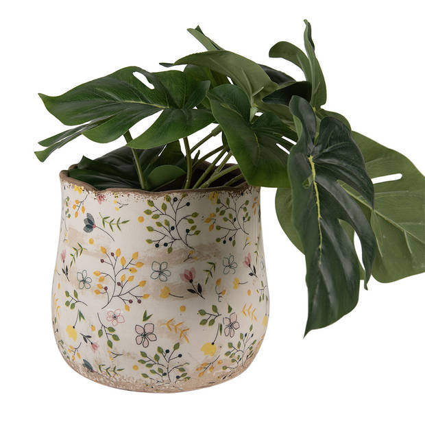 HAES DECO - Bloempot Ø 18x16 cm Beige Geel Keramiek Bloemen Bloempot Binnen