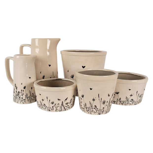 HAES DECO - Bloempot Ø 15x14 cm Beige Zwart Keramiek Bloemen Bloempot Binnen