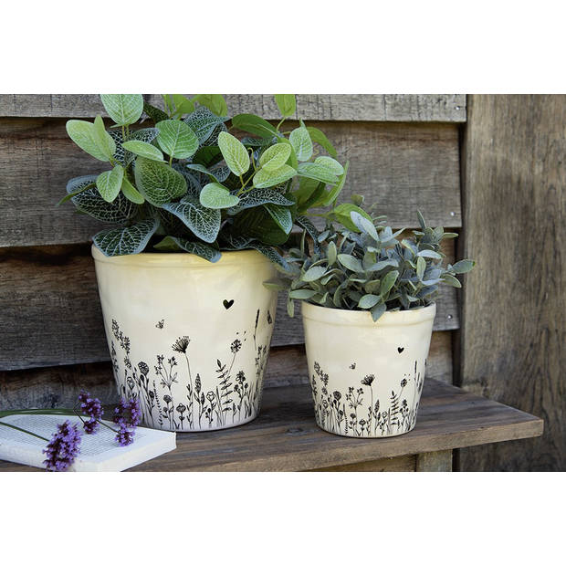 HAES DECO - Bloempot Ø 15x14 cm Beige Zwart Keramiek Bloemen Bloempot Binnen