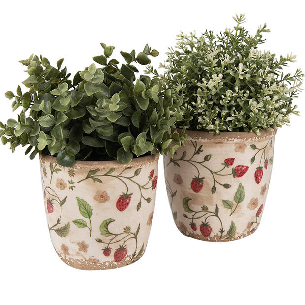 HAES DECO - Bloempot Ø 14x13 cm Beige Rood Keramiek Aardbeien Bloempot Binnen