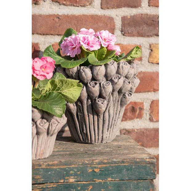 HAES DECO - Bloempot Ø 23x25 cm Grijs Steen Rond Bloemen Bloempot binnen Plantenpot Plant pot