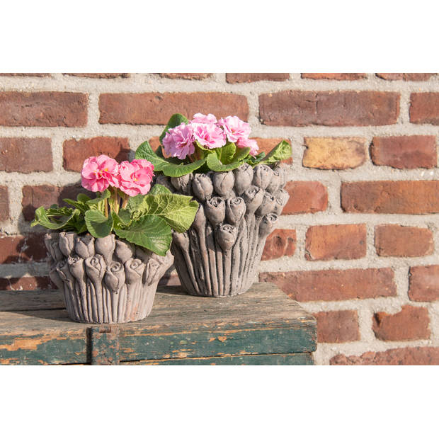 HAES DECO - Bloempot Ø 23x25 cm Grijs Steen Rond Bloemen Bloempot binnen Plantenpot Plant pot