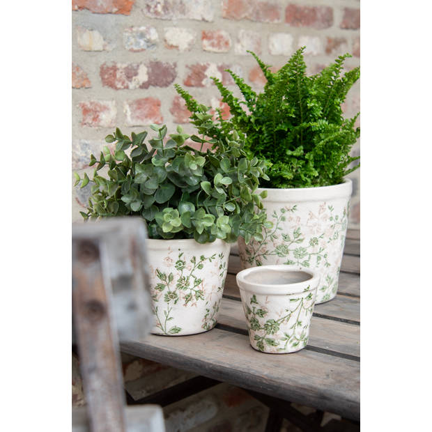 HAES DECO - Bloempot Ø 12*10 cm Groen Beige Keramiek Bladeren Bloempot binnen Plantenpot Plant pot