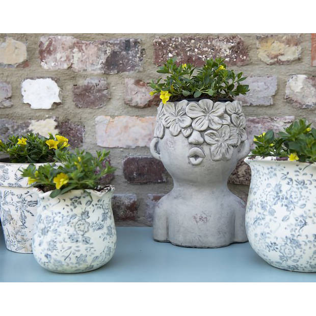 HAES DECO - Bloempot Hoofd 17x16x25 cm Grijs Steen Bloemen Bloempot binnen Plantenpot Plant pot