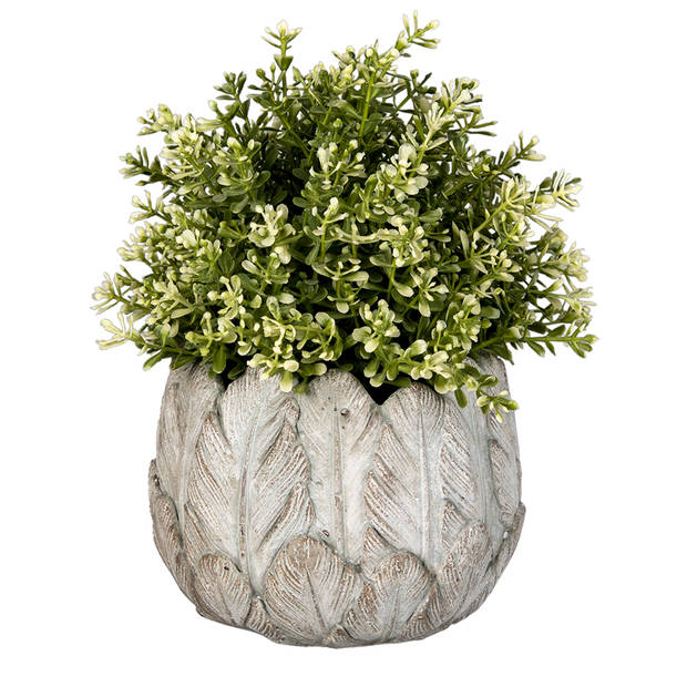 HAES DECO - Bloempot Ø 15x13 cm Grijs Steen Rond Veren Bloempot binnen Plantenpot Plant pot