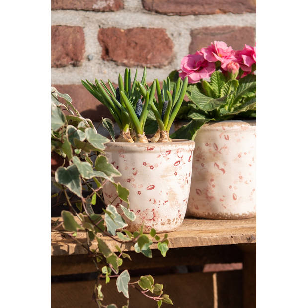 HAES DECO - Bloempot Ø 14x13 cm Roze Beige Keramiek Rond Bloemen Bloempot binnen Plantenpot Plant pot