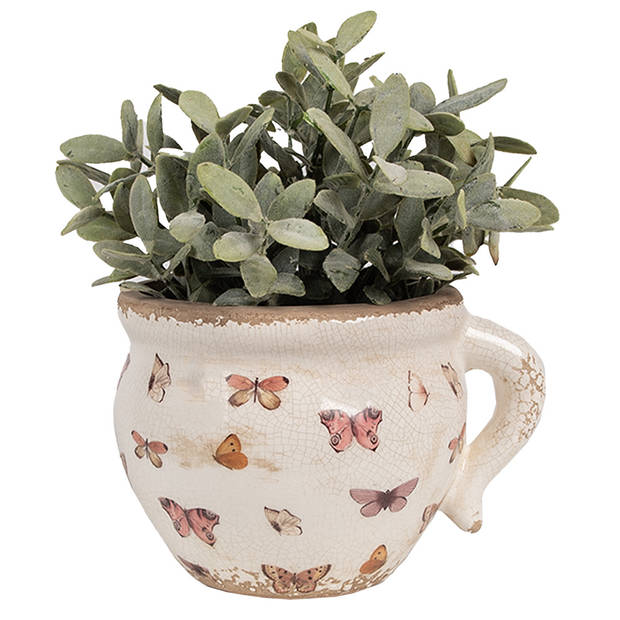 HAES DECO - Bloempot Binnen 17x14x12 cm Beige Roze Keramiek Vlinders Plantenpot