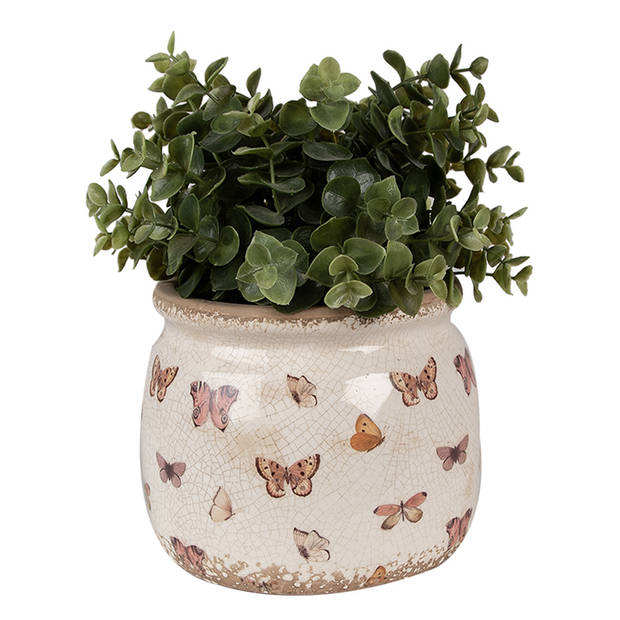 HAES DECO - Bloempot Ø 16x13 cm Beige Roze Keramiek Vlinders Bloempot Binnen