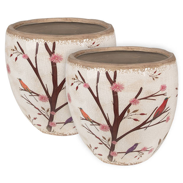 HAES DECO - Set van 2 Bloempotten Ø 18x17 cm Beige Bruin Keramiek Takken Bloempot Binnen