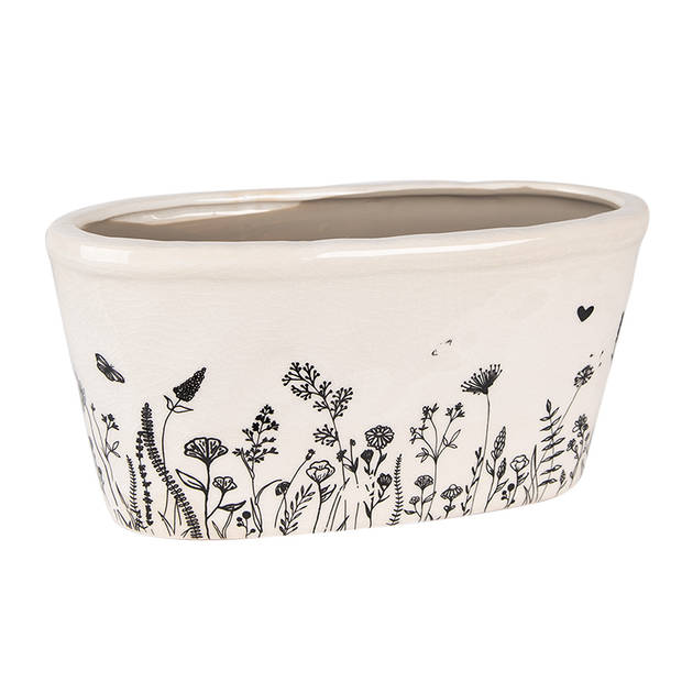 HAES DECO - Bloempot 23x11x11 cm Beige Zwart Keramiek Ovaal Bloemen Bloempot Binnen