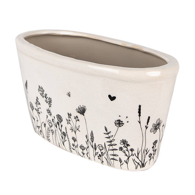 HAES DECO - Bloempot 23x11x11 cm Beige Zwart Keramiek Ovaal Bloemen Bloempot Binnen