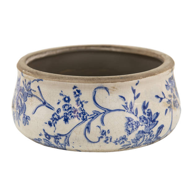 HAES DECO - Bloempot Binnen Ø 21*8 cm Blauw, Wit Keramiek Rond Bloemen Plantenpot